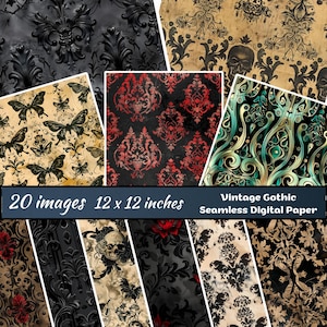 Papier numérique sans couture gothique vintage, papier de scrapbooking Halloween tête de mort, fond gothique, motif Halloween, téléchargement baroque damassé sans couture