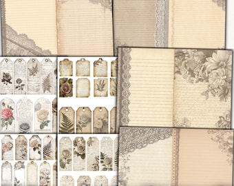 Vintage Blank Junk Journal Kit, ledger paper journal backgrounds, printable scrapbook, notebook, collage sheets