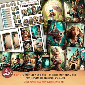 Alice Adventures Junk Journal Folio Kit, Label, Ephemera, Afdrukbaar Folio, Papiermodellen, Alice in Wonderland Digital Journal-kit, Collagepapier
