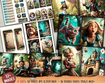 Alice Adventures skräpjournal-kit, etikett, efemera, utskrivbar journal, papperspyssel, Alice i Underlandet digital journal-kit, collagepapper