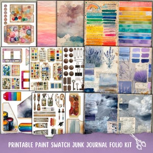 Op de afbeelding: Een verzameling afdrukbare verfstaal- en junk journal-elementen. Bevat aquarelachtergronden, kleurenpaletten, tags en decoratieve elementen zoals sleutels, brads en paperclips. Het kleurenschema bevat een verscheidenheid aan tinten, waaronder blauw, geel en paars.