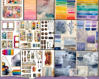 Paint Swatch Junk Journal Folio Kit, Vintage ledger, Scrapbook kit, Art fussy cut,Palette Ephemera, Background Mixed Media,Coffee Dyed paper