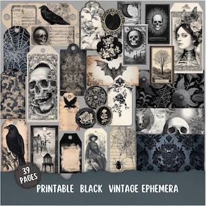 May include: A collection of printable black vintage ephemera featuring gothic and Halloween themes. The designs include skulls, ravens, bats, spiderwebs, floral elements, and portraits. The text on the image reads "39 pages" and "Printable Black Vintage Ephemera".