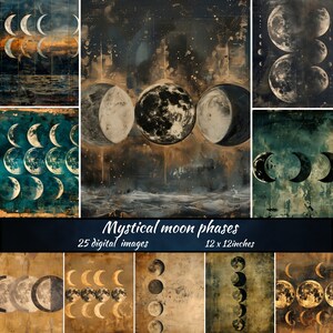 Magische Mondphase zum Ausdrucken,Shabby Chic Digital Paper Pack, Mondphasen Digital Paper Pack für Scrapbooking & Kartenherstellung, Instant Download