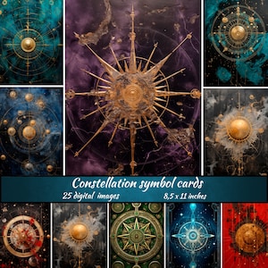 Tarjetas con símbolos de constelaciones, páginas de diario basura, papeles imprimibles de álbumes de recortes de galaxias, fondo celestial mágico, descargar papel celestial