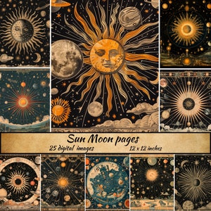 Sun Moon-pagina's, Star Collage Sheet, Mystieke Download, afdrukbaar Galaxy junk journal, ephemera Lunar, Hemelse achtergrond, decoupagebundel