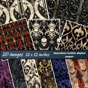 Seamless Gothic digital paper, Gothic Seamless Patterns, skull damask Halloween scrapbook paper, printable grunge texture, goth backgrounds