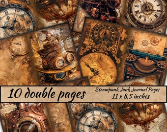 May include: Ten double-sided pages of steampunk junk journal paper featuring images of clocks, gears, trains, and airships. The paper is 11 x 8.5 inches.