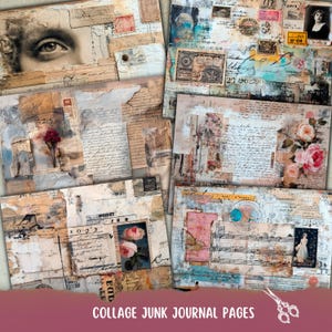 Peut inclure: Plusieurs pages de journal de collage de style vintage. Les pages présentent un mélange de textures, notamment du papier vieilli, de l'écriture manuscrite, des timbres et des éléments floraux. La palette de couleurs comprend des tons beiges, crème et sourds avec des touches de couleur.
