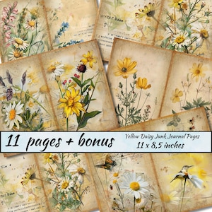 Gelbe Gänseblümchen Junk Journal Seiten, bedruckbares Papier für Junk Journal, Gänseblümchen Ephemera Junk Journal Kit, Gänseblümchen Sammelalbum, Blumen Collage Sheets