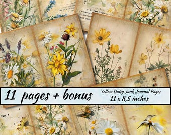 Yellow Daisy Junk Journal Pages, printable paper for junk journal, Daisy Ephemera Junk Journal Kit, Daisy Scrapbook, Floral Collage Sheets
