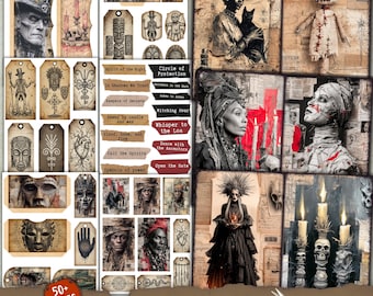 Può includere: Un collage di elementi effimeri in stile vintage per un kit di diario di stregoneria. Il kit include tag, immagini di persone, maschere e simboli, insieme a elementi testuali come "Witching Hour" e "Whisper to the Loa". Il kit è etichettato "50+ PAGES".