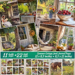 Páginas de diario basura de cabaña de verano, imprimibles de campo, manualidades de papel de cabaña, hojas de collage de granja, frutas de verano, tarjeta ATC de naturaleza para álbum de recortes