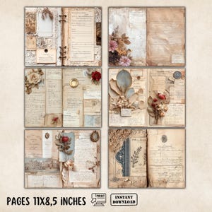 May include: A collage of vintage-style journal pages with floral and lace accents. The pages are aged with a sepia tone, featuring handwritten notes, tags, and decorative elements. The text "PAGES 11x8.5 INCHES" is visible at the bottom.