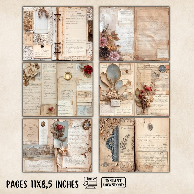 May include: A collage of vintage-style journal pages with floral and lace accents. The pages are aged with a sepia tone, featuring handwritten notes, tags, and decorative elements. The text "PAGES 11x8.5 INCHES" is visible at the bottom.