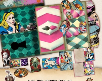 Utskrivbart Alice Folio KIT, Fussy Cut Clipart, Loaded Pocket Tag Ephemera, Scrapbook Supplie, Wonderland Junk Kit, Sagokollageark