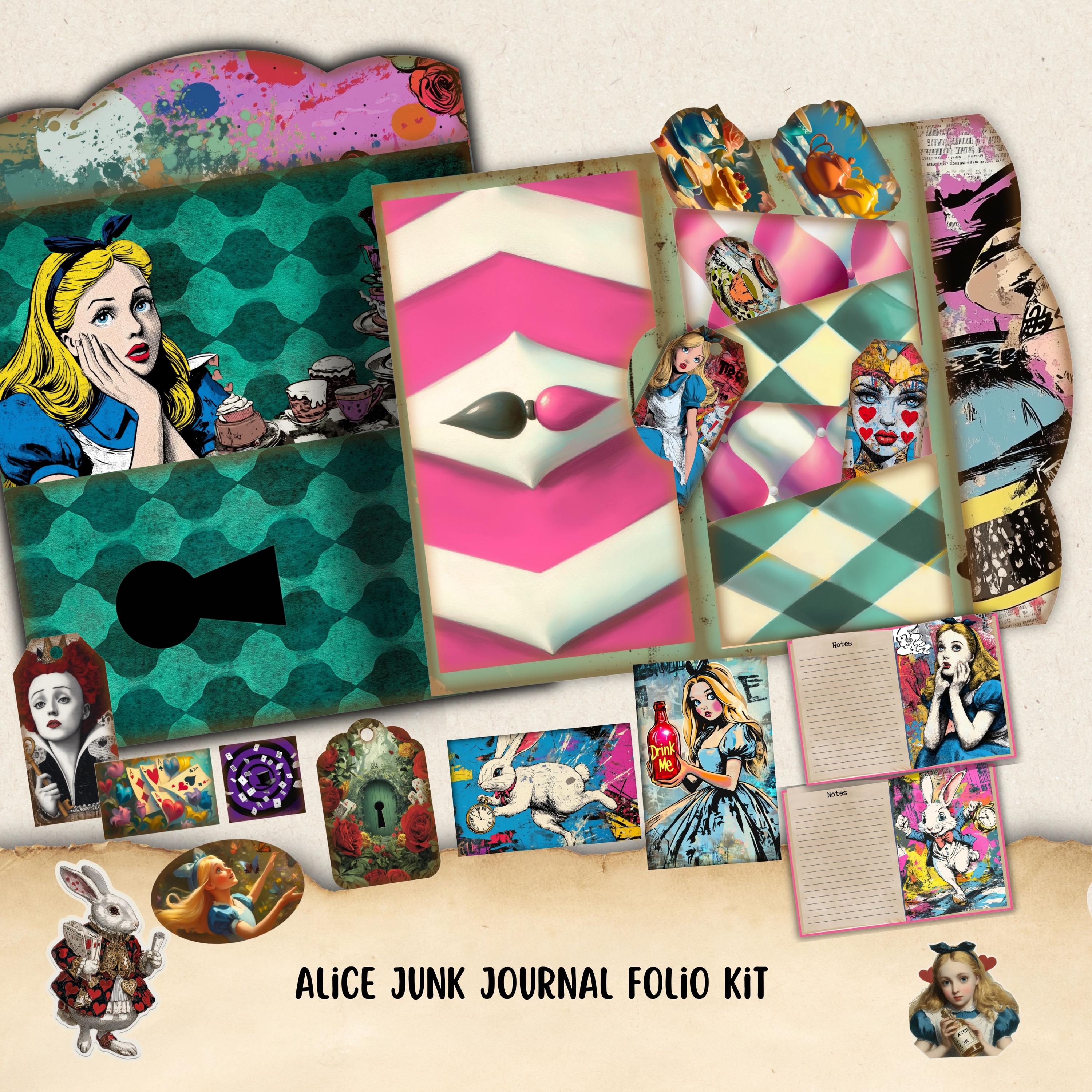 Alice im Wunderland Folio KIT, Tags und Ephemera, Shabby Chic Junk Journal, Printable Folio, Papierkraft, Digi Journal kit, Junk Folio Kit