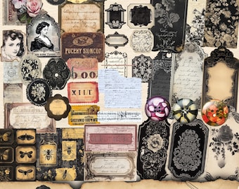 Printable vintage ephemera, Black Grunge label, tag, folio Kit, Vintage fussy cut, Embellishment, Scrapbooking, Junk Journal Kit, Ephemera