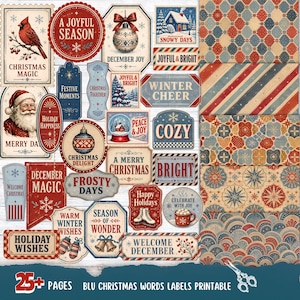 Könnte beinhalten: Eine Sammlung von druckbaren Weihnachtsetiketten und gemusterten Papieren mit Illustrationen im Vintage-Stil von Weihnachtsmann, Kardinal, Ornamenten und Winterszenen mit Texten wie A Joyful Season, Winter Cheer und Merry Christmas.