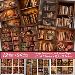 Pagine di diario vintage con scaffali pieni di spazzatura, stampabili per amanti dei libri, libri antichi digitali, lavoretti con carta per biblioteca, scrapbooking in libreria, collage di lettura