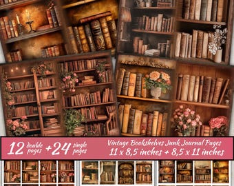 Vintage Bücherregale Junk Journal Seiten, Buchliebhaber druckbar, altes Buch Digital, Bibliothek Papierhandwerk, Buchladen Scrapbooking, Lesecollage