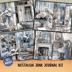 Kit de diario basura nostálgico, páginas imprimibles de diario basura azul, cabaña de recuerdos de verano vintage, papel para álbum de recortes Cottagecore, casa de campo