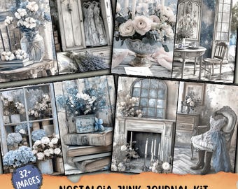 Nostalgia Junk Journal Kit, Printable Blue Junk Journal Pages, Vintage Summer Memories Cottage, Cottagecore Scrapbook Paper, Country house