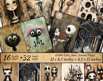 May include: A set of 48 printable digital scrapbook paper pages featuring gothic cute illustrations in black, white, and gray. The pages are 11 x 8.5 inches and 8.5 x 11 inches. The illustrations include a couple, a monster, a castle, and a spooky forest.