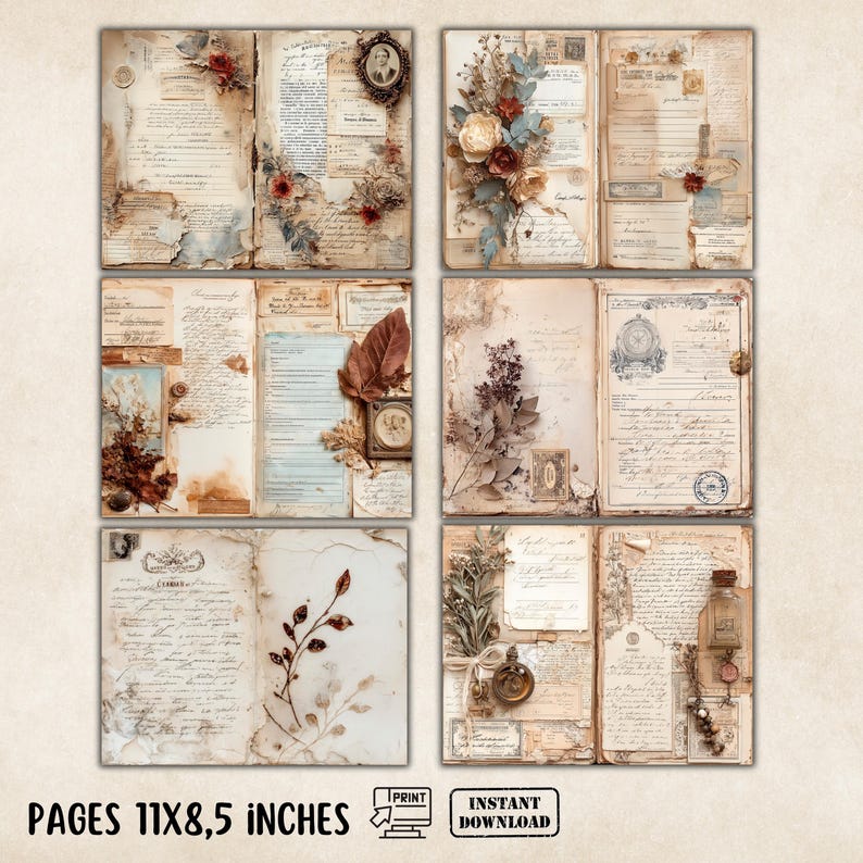 May include: A collection of six vintage-style paper pages with aged textures, handwritten script, and floral and botanical accents. Each page is adorned with antique elements, including portraits, stamps, and decorative elements. The text "PAGES 11X8.5 INCHES" is visible at the bottom.
