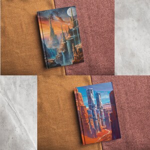 Op de afbeelding: Twee hardcover-journaals met verschillende omslagen. Het eerste journaal heeft een blauw en wit omslag met een fantasievolle stadsgezicht. Het tweede journaal heeft een bruin en oranje omslag met een futuristisch stadsgezicht.