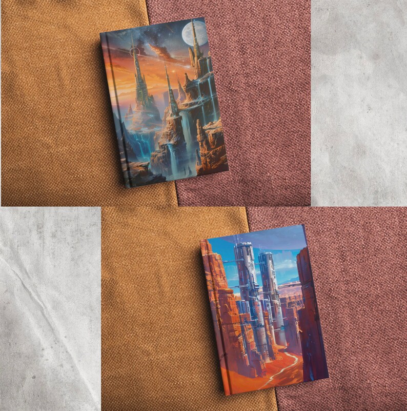 Op de afbeelding: Twee hardcover-journaals met verschillende omslagen. Het eerste journaal heeft een blauw en wit omslag met een fantasievolle stadsgezicht. Het tweede journaal heeft een bruin en oranje omslag met een futuristisch stadsgezicht.