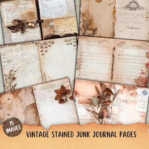 Vintage stained Junk Journal Pages, ledger paper journal background, Shabby Chic, Rustic Mixed Media collage sheet, Neutral Scrapbooking Kit