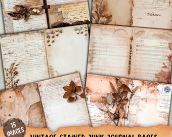 Vintage stained Junk Journal Pages, ledger paper journal background, Shabby Chic, Rustic Mixed Media collage sheet, Neutral Scrapbooking Kit