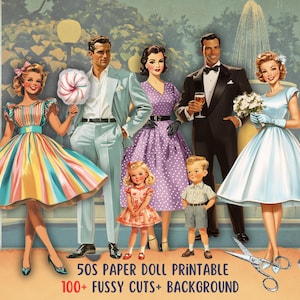 Boneca de papel dos anos 50 para impressão, diário de boneca, corte elegante retrô para homens e mulheres, itens digitais, imagem de diário de lixo, kit de adesivos para scrapbook, criação de cartões
