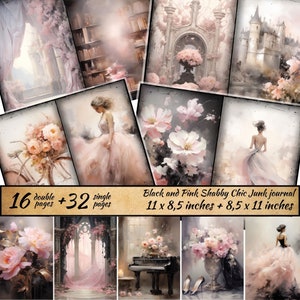 Schwarz und Rosa Shabby Chic Junk Journal Bundle, Shabby Chic viktorianische Seiten, Digital Scrapbook Paper Kit, Junk Journal Kit, Vintage Ephemera