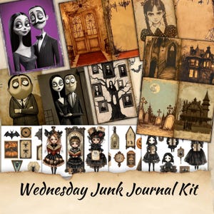 Kit per diario di mercoledì Junk, foglio di collage gotico, forniture per diario, carta digitale di Halloween con personaggi stravaganti, effimeri digitali di Halloween