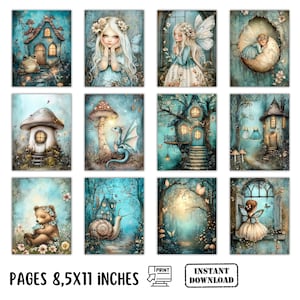 May include: A set of twelve whimsical art prints in teal and brown, depicting fairy tale scenes. The prints feature fairies, mushroom houses, and a bear. The text "PAGES 8,5x11 INCHES" and "INSTANT DOWNLOAD" are visible.