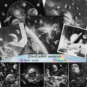 Papel digital con universo en blanco y negro, papel para álbum de recortes imprimible, papeles para decoupage de galaxias imprimibles, tarjeta con fondo celestial mágico