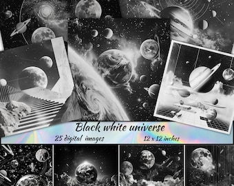Svartvitt digitalt himmelskt papper, ladda ner utskrivbart scrapbookpapper, galaxdecoupage, skräpjournalsida, magiskt himmelskt bakgrundskort