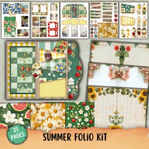 Kit de folio de verano, diario vintage efímero, hoja de collage imprimible de frutas, sobre, etiqueta, bolsillo, kit de diario basura de jardín, estilo cottagecore, campestre