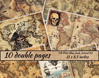 Old Pirat Map Junk Journal pages, Vintage Nautical Scrapbook Pages, Old Map Shabby Chic Background, Nautical Junk Journal Supplies Printable
