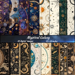 Mystische Galaxie Digitales Papier, Mond druckbares Scrapbook-Papier herunterladen, mystische himmlische Hintergrundkarte, druckbare Mond-Scrapbook-Papiere