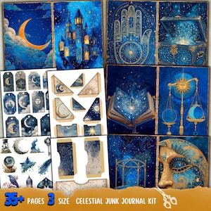 Może przedstawiać: Zestaw do dziennika śmieciowego z motywem nieba w odcieniach niebieskiego i złotego. Zestaw zawiera strony z ilustracjami księżyców, gwiazd, zamków i otwartych książek. Tekst na obrazku brzmi "35+ PAGES 3 SIZE CELESTIAL JUNK JOURNAL KIT."