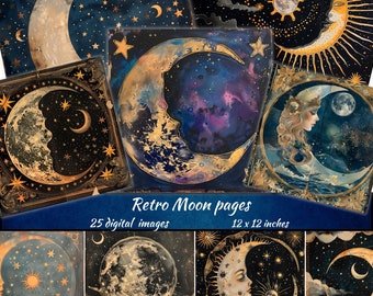 May include: A collection of digital images featuring celestial and moon-themed art. The images showcase various moon phases, stars, and cosmic elements in a retro style. The text on the image reads "Retro Moon pages" and "25 digital images 12 x 12 inches".