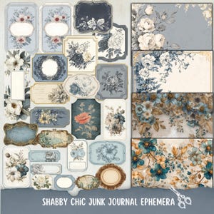 May include: A collection of shabby chic junk journal ephemera in various shapes and sizes. The designs feature floral arrangements in shades of blue, cream, and peach. Some pieces have ornate frames and blank spaces for journaling. The text "SHABBY CHIC JUNK JOURNAL EPHEMERA" is at the bottom.