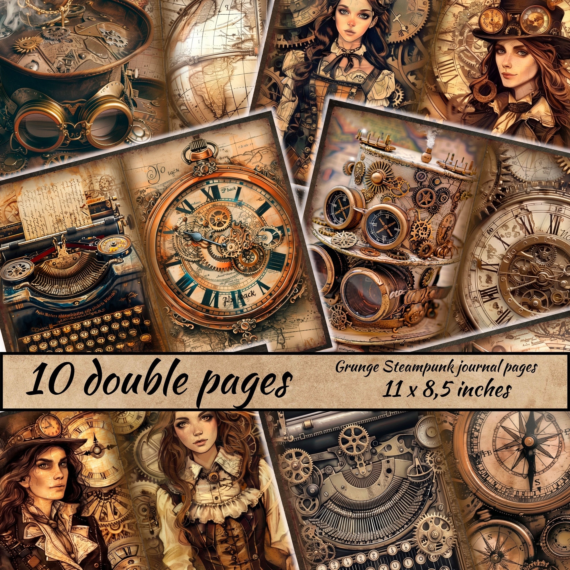 Grunge Steampunk journal pages, Steampunk  Ephemera, Grunge art, Steampunk Collage PaperPack, Industrial Printable, Mechanical Scrapbook Kit