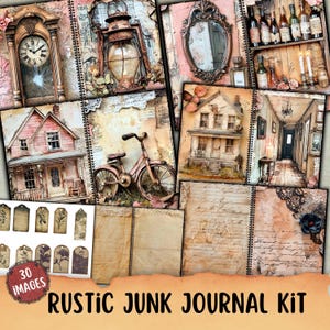 Zestaw Rustic Junk Journal, tagi, zestaw Folio, efemerydy, album, rzemiosło papierowe, stara zniszczona strona, opuszczony dom do druku, wyblakłe ruiny płatków