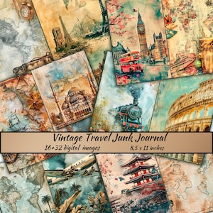 Kit de diário de viagem, viagem, mundo, visita, kit de papel de férias, scrapbooking de viagem, papel antigo, itens de viagem vintage industriais