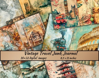 Kit de diário de viagem, viagem, mundo, visita, kit de papel para férias, scrapbooking de viagem, papel antigo, itens de viagem vintage industriais