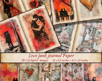 Kit de diário de lixo romântico, papel para impressão Shabby Chic, itens vintage de amor, scrapbooking, criação de cartões, kit de artesanato, páginas de colagem de dia dos namorados